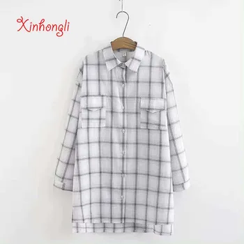 

Plus size letter Embroidery on back women loose Plaid long blouse 2020 NEW spring autumn causal ladies cotton shirts female tops