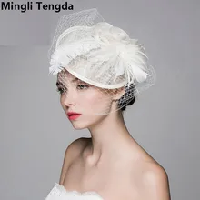 Летние льняные пряжи дамы шляпа в западном стиле для торжеств перо Свадебный головной убор благородный шляпа свадебное шляпа Биби Mariage Кепки Mingli tengda