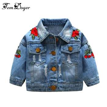 

Tem Doger Baby Girls Outerwear Coats 2018 Newborn Infant Baby Jeans Coat for Girl Ripped Outwear Bebes Embroidery Denim Jackets