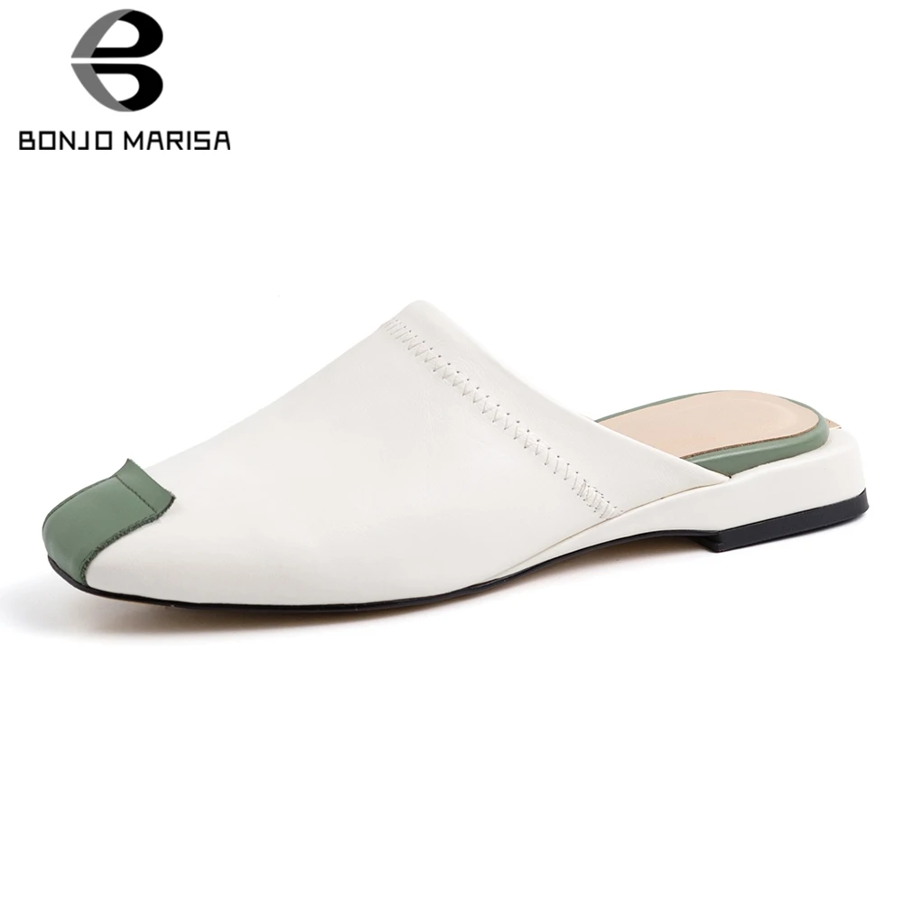 

BONJOMARISA New Literature Art Genuine Leather Shoes Slippers Woman Summer Low Heels Sillpers Women Shoes Woman Size 33-40