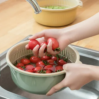 

Strong Double Layer Kitchen Drain Basket Fruit Vegetable Washing Basket Plastic Kitchen Tools Cleaning Storage Basket Organizer