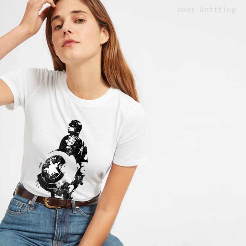

BTFCL Women T Shirt Europe and United States New Marvel American Captain Print Korean Plus Size Casual Cotton Short Tshirt