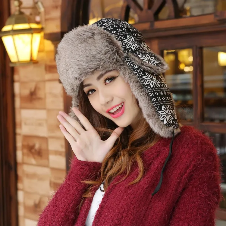 Шапки с принтом для русской зимы, теплые вязаные шапки, модные меховые наушники, толстые зимние шапки, уличные Лыжные шапки, повседневные женские шапки-бомберы