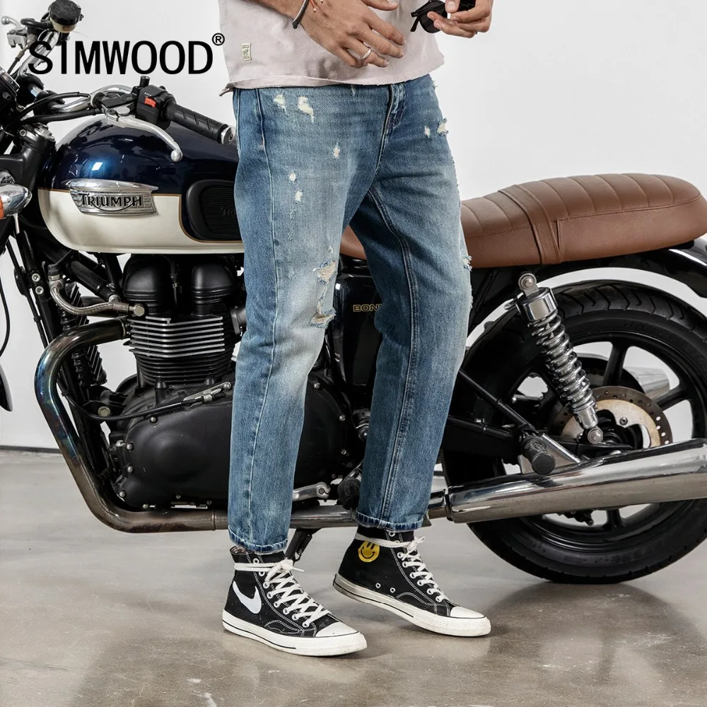 

SIMWOOD New 2019 autumn Jeans Men Hole Ankle-Length Pants Cotton Denim Trouser Male Slim Fit Brand Clothing High Quality 190023