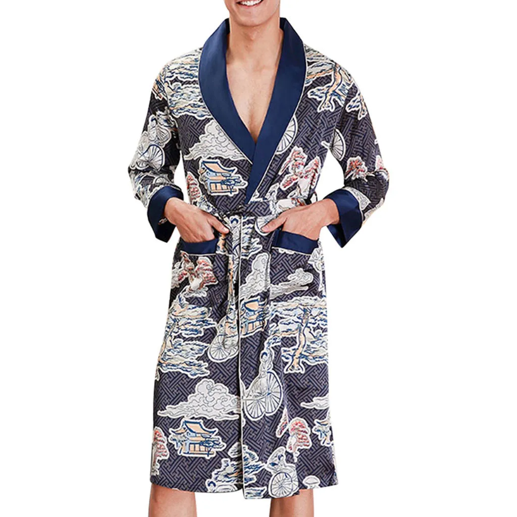 

MUQGEW bathrobe men sleepwear silk summer robe Men Simulation Silk Print Pajamas Lingerie Robe Bathrobe Dressing Gown #g4