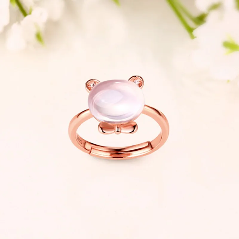 

925 Sterling Silver Rose Quartz/Topaz/Amethyst Animals Ring Simple style for Women as a Gift