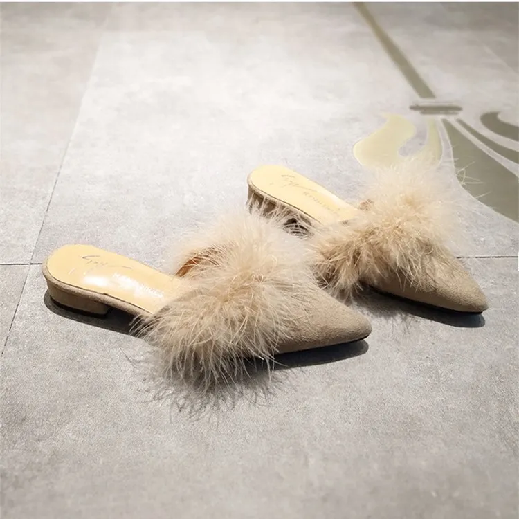 SLHJC Women Fur Slippers Flat Heel Pointy Toe Autumn New Arrival Casual Mules Outside Casual Cozy Flats Slides