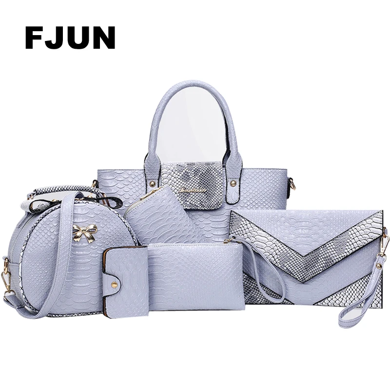 

FJUN 2018 Luxury Genuine Leather 6PCS/Set Alligator Panelled Python Women Composit Tote 2018 Lady Fashion Handbag Female Bolsas