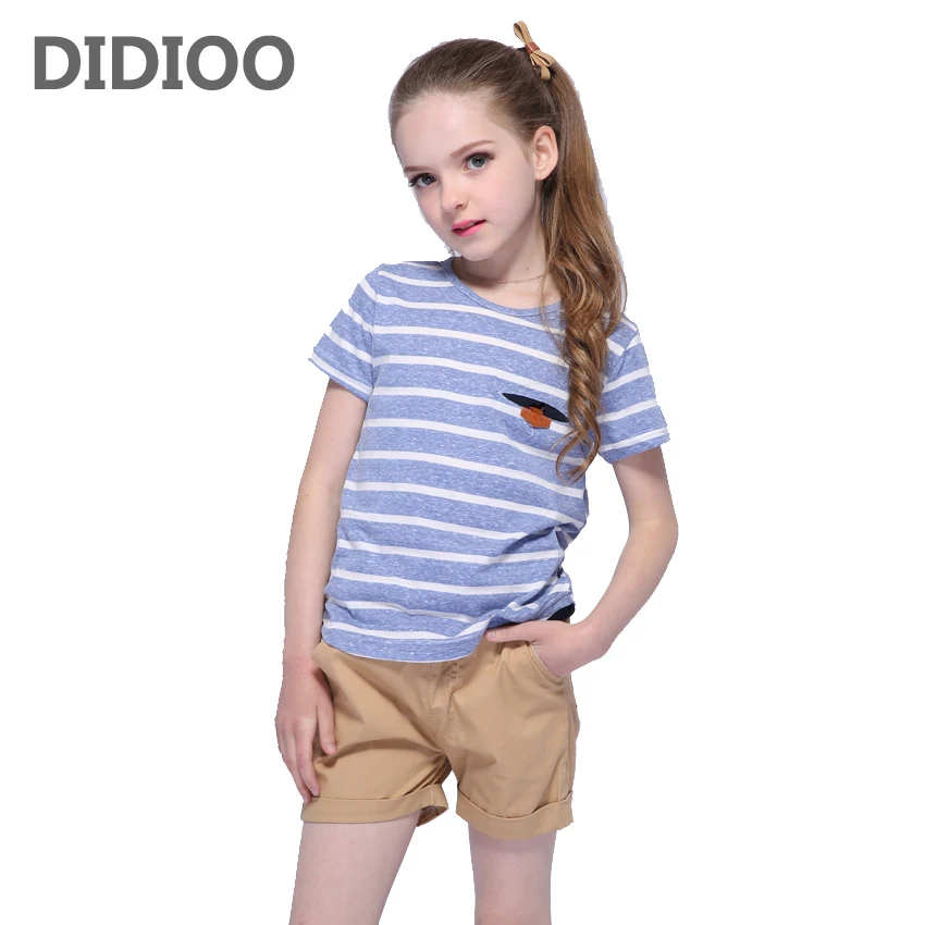 

Students Clothing Sets For Girls Outfits Short Sleeve Striped T-Shirts For Girls Shorts 2Pcs 2 3 5 7 9 11Y Kids School Uniforms