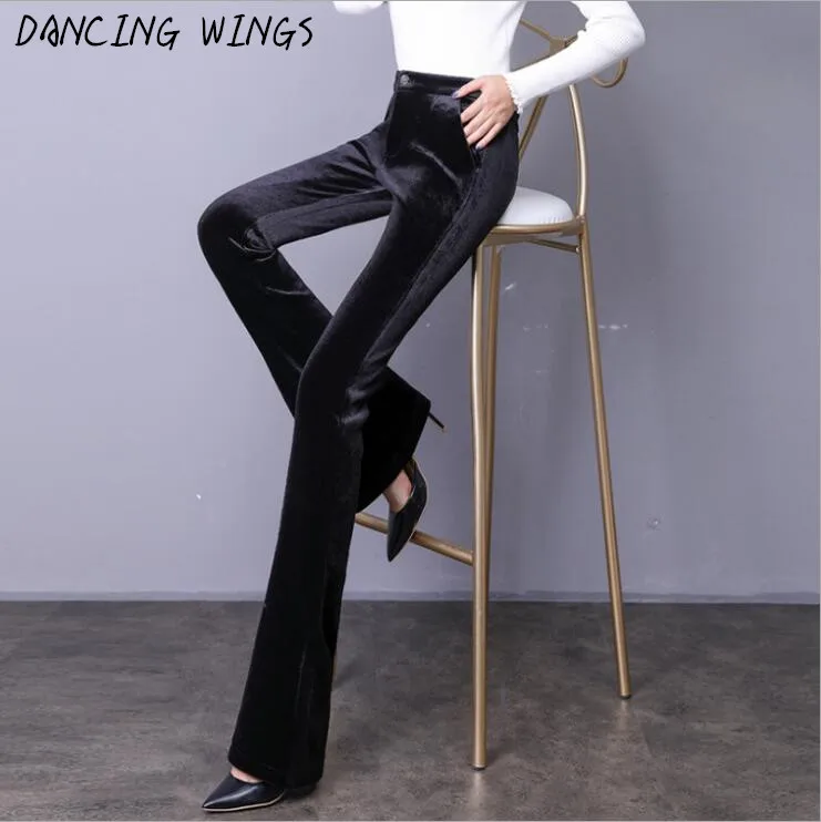 Осенне-зимние расклешенные брюки, винтажные золотистые бархатные брюки, женские широкие брюки, узкие Стрейчевые брюки с высокой талией, Длинные повседневные черные брюки
