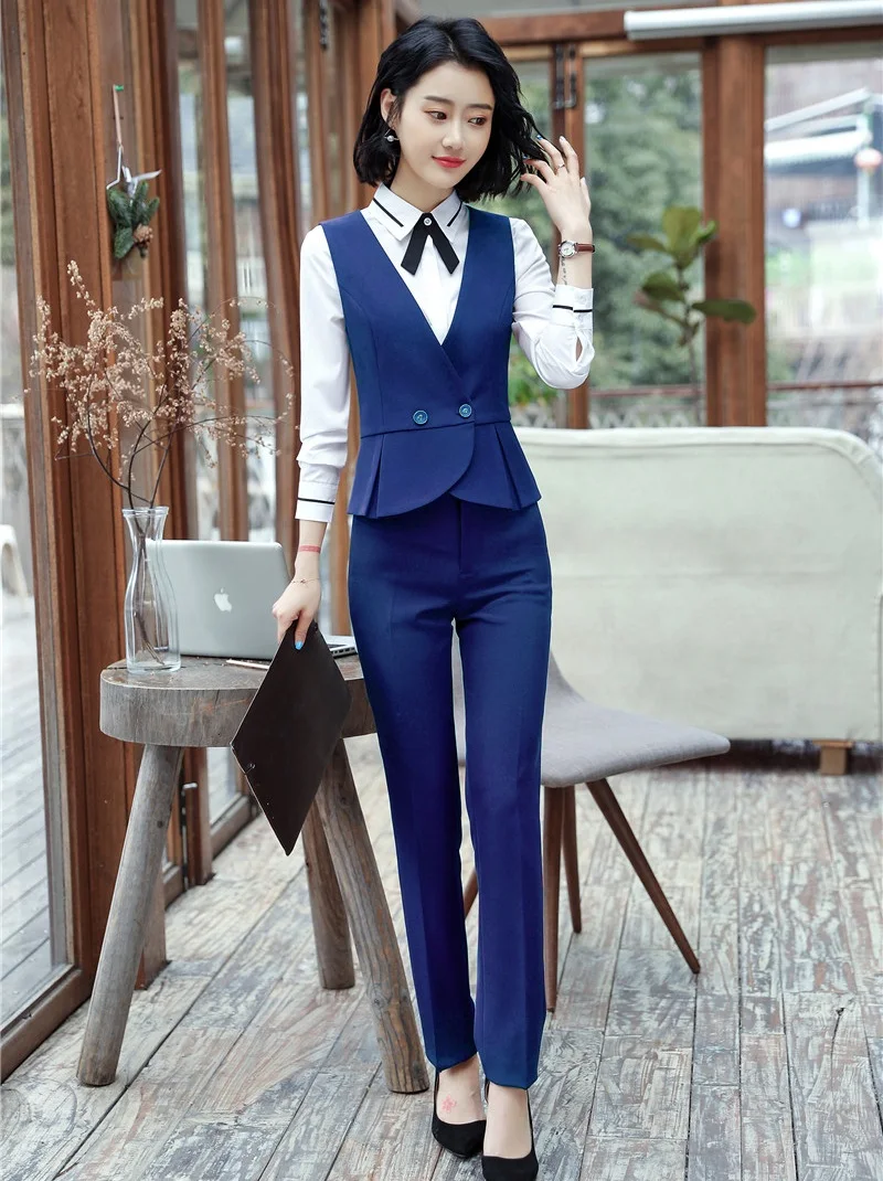 Fashion Ladies Navy Blue Vest & Waistcoat Women Business Suits with ...