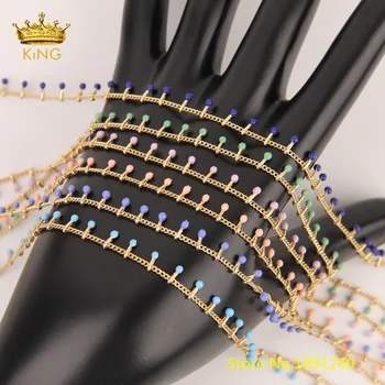 

5meters 2mm Enamel Beaded Chains Fine Jewelry,Small Lampwork Glass Beads Plated Gold Rosary Chain Crafts Anklet Findings HX218