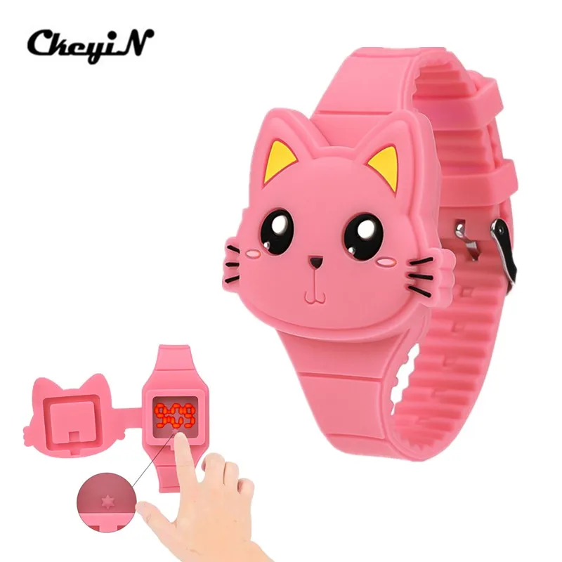 

Cute Children's Watches Girls Boys 3D Cartoon Cat Shape Silicone Flap Wristwatch Kids Sport LED Digital Watches Students Gift 30