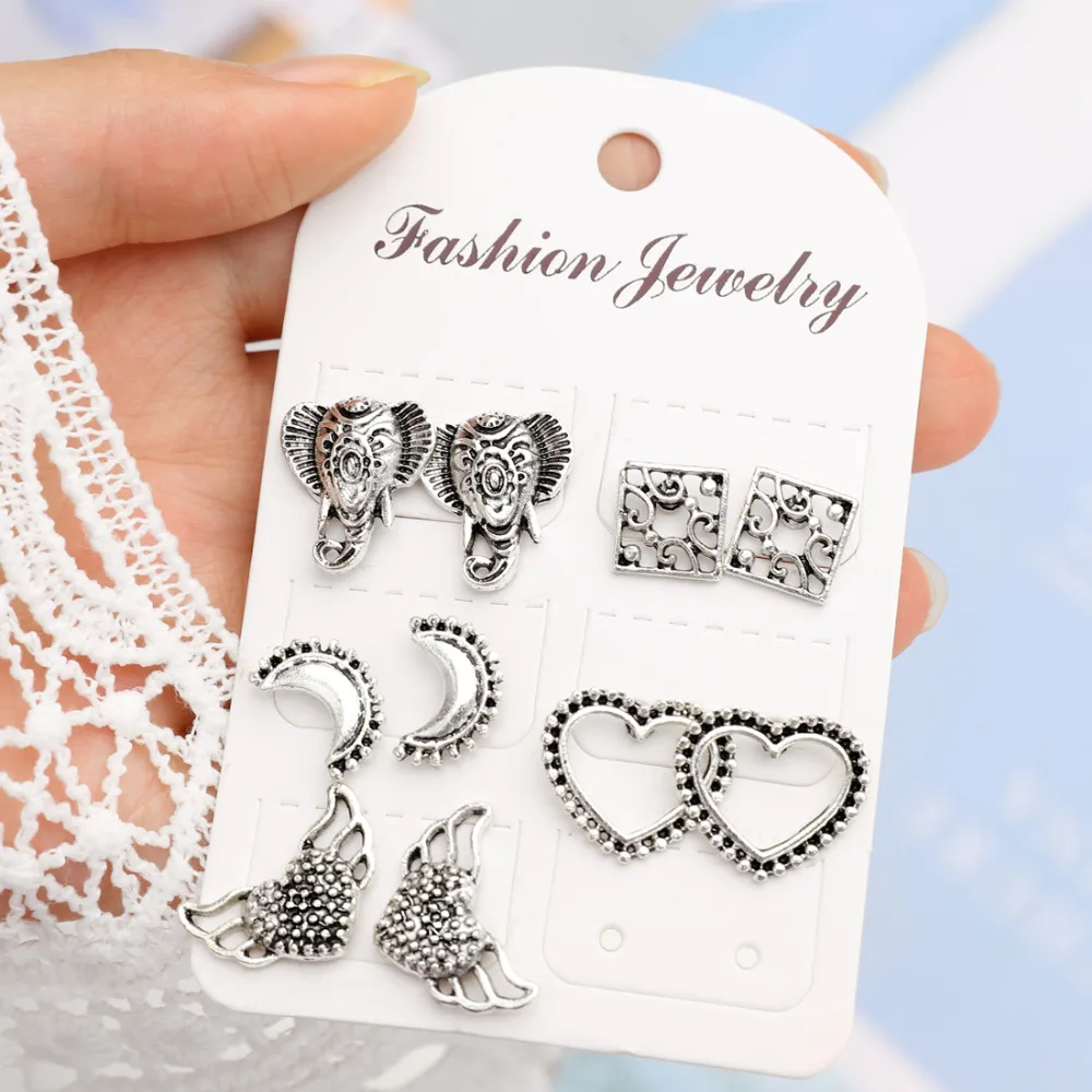

2018 fashion women's jewelry wholesale girls birthday party tibetan silver earrings set 5 pairs /set earrings Free shipping