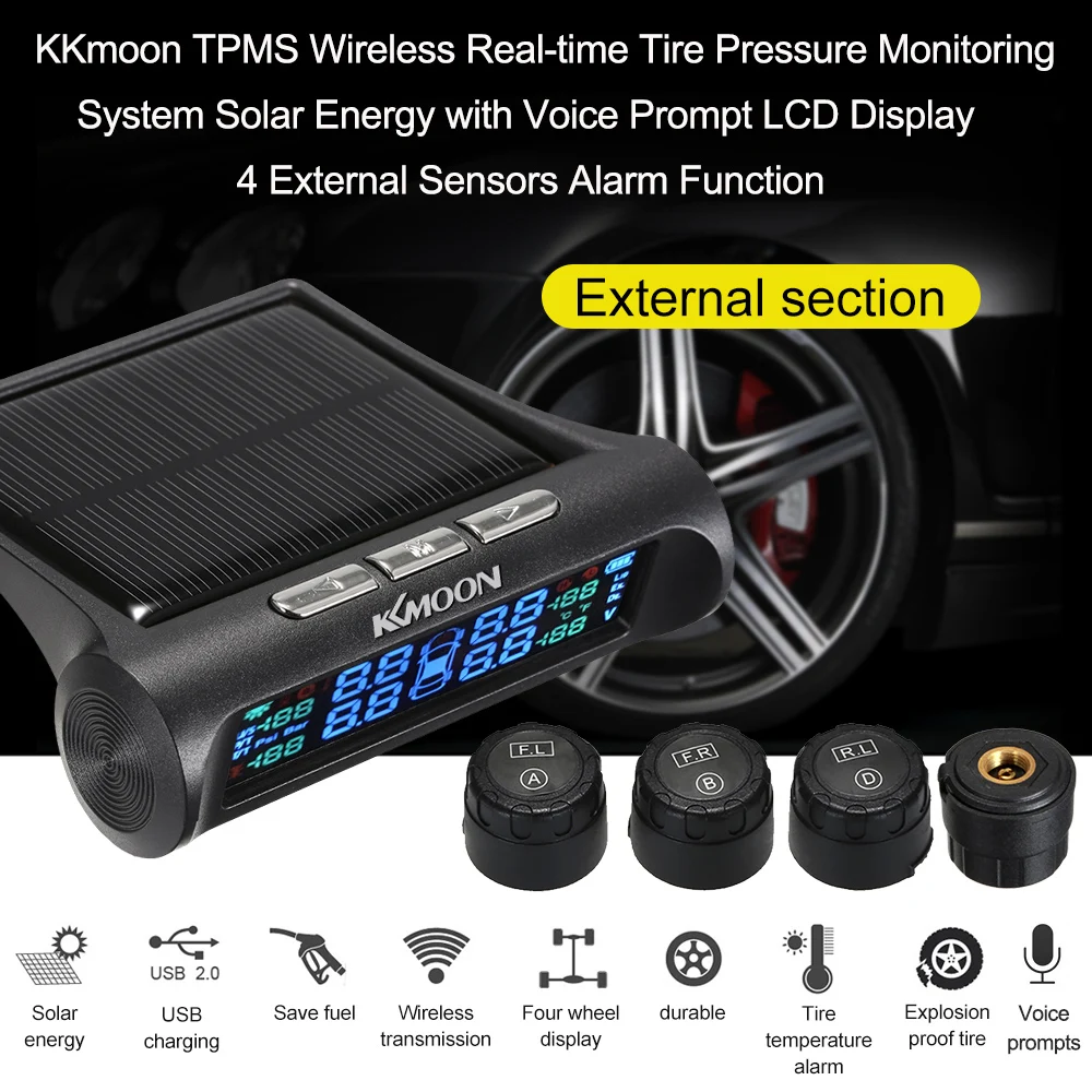 KKmoon TPMS Беспроводная система давления в шинах в реальном времени Солнечная энергия с голосовой подсказкой ЖК-дисплей 4 внутренних/внешних датчика сигнализации