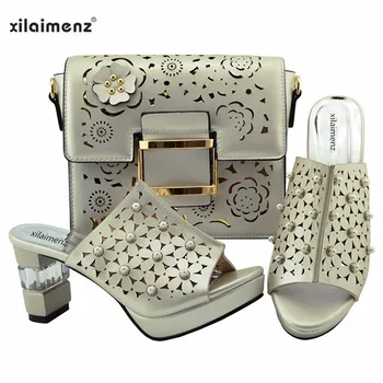 

New Shop 40% Discount 2018 New arrival Italian Shoes and Bag Set in Sliver Color Special Heel Women Shoes for Party