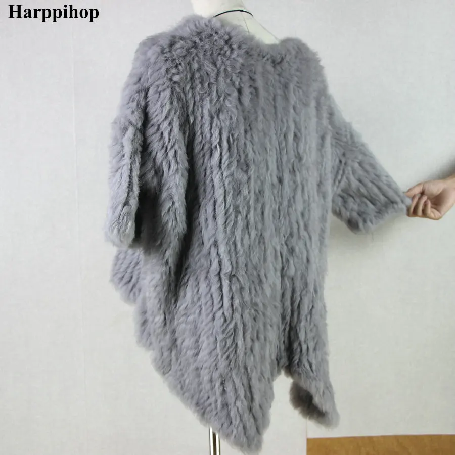 Harppihop осенне-зимняя женская меховая накидка с круглым вырезом, Вязаная Шаль из кроличьего меха, меховая накидка, верхняя одежда, пончо из кроличьего меха