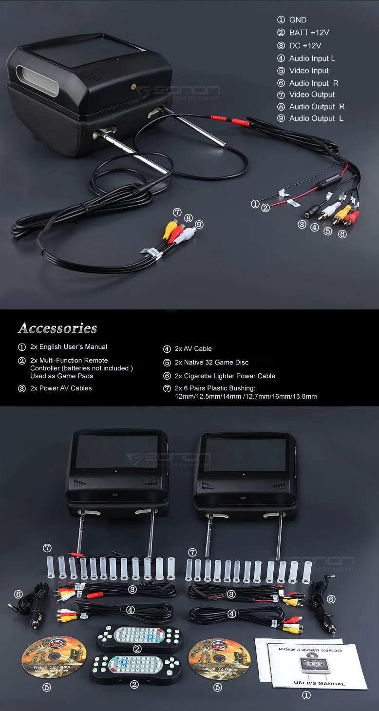 Best Eonon Black 2x9" Digital Touch Screen Detachable car  Headrest DVD player Game USB/SD IR/FM transmitter car monitor 4 Best Eonon Black 2x9" Digital Touch Screen Detachable car  Headrest DVD player Game USB/SD IR/FM transmitter car monitor 4