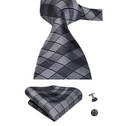 Для мужчин 100% шелк 8,5 см роскошный галстук набор носовых платков Серый в клетку Hanky галстук для Для мужчин нормальный Свадебная деловая