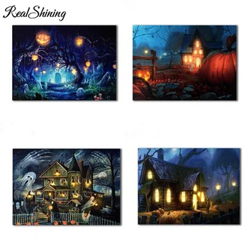 

5d Diy Diamond Painting"Haunted House Halloween Lightning Pumpking"Cross Stitch Needleworks Full Square Mosaic Embroidery FS3254