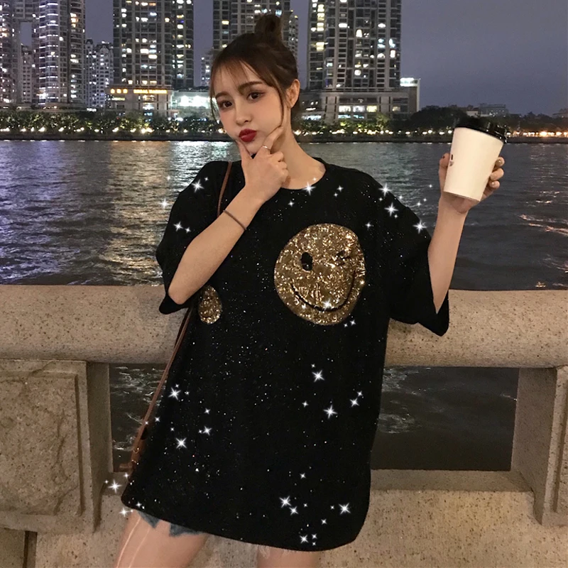 Neploe 2020 News Autumn Korean Loose Sequined Black T Shirt Sweet Style O Neck Smiley Face Pattern Tee Ins cotton Girl Top 45496