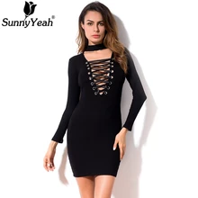 SunnyYeah Knitted Cotton Dress Women 2018 New Long Sleeve Black Sexy Bodycon Party Dresses Sheath Pencil Sweater Dress Vestidos