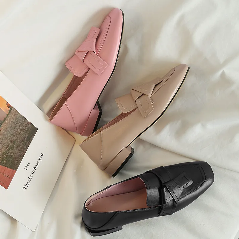 Размеры 34-43; женские лоферы из высококачественной натуральной кожи; открытые туфли; женские весенне-летние модельные туфли на плоской подошве; Розовая Повседневная обувь; туфли на плоской подошве с бантом