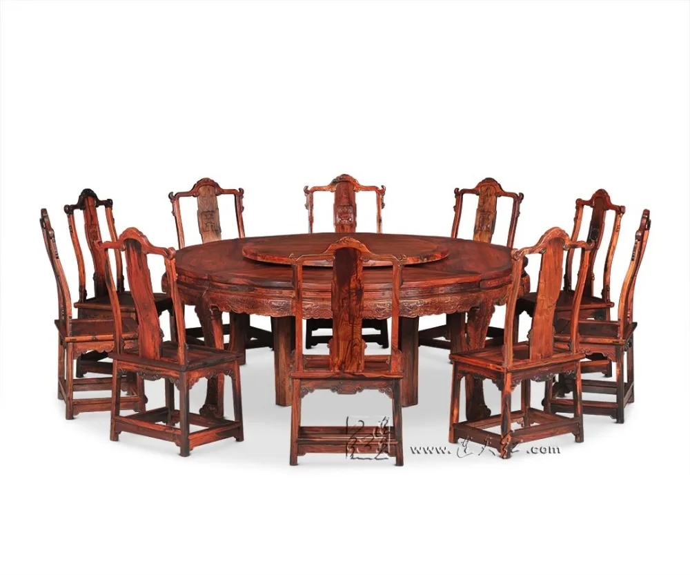 2.1M Round table and 10 Chair Furniture Set Rosewood Dining Big Desk Antique Solid Wood Hotel Coffee Tea Armchair Backed Annatto