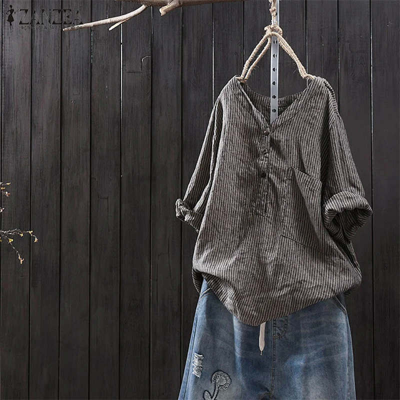 

2019 ZANZEA Women Vintage Striped Blouse Casual Autumn V Neck Long Sleeve Loose Work Top Blusas Femininas Cotton Linen Shirt