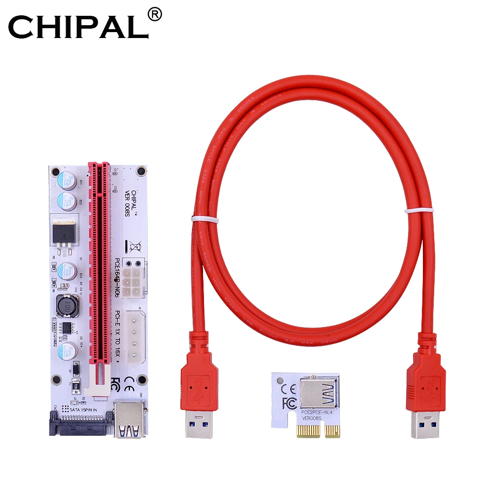 

CHIPAL New Red 100CM VER008S 3 in 1 PCI Express Riser Card 008s 1x to 16x Adapter 4Pin 6Pin SATA Molex Power for LTC BTC Miner
