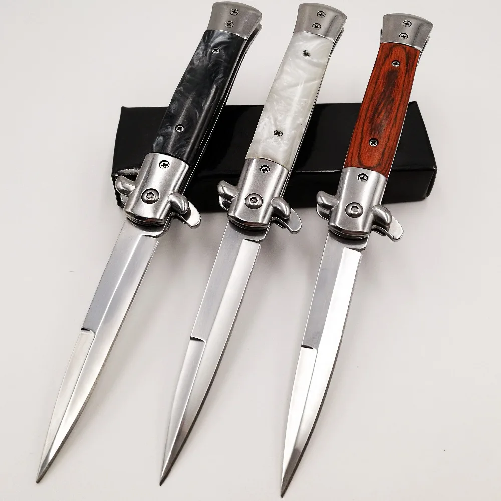 Tanie Włoski Mafia składany nóż 440C ostrze akrylowy uchwyt kieszonkowe noże armia Camping Survival Tactical Rescue szybko otwarte narzędzia edc