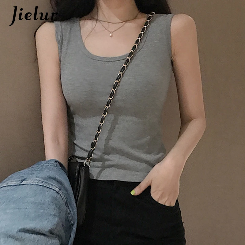 Jielur крутые женские топы тонкий базовый элегантный дизайн черный Harajuku ретро уличный Высококачественный эластичный Топ Женская одежда лето