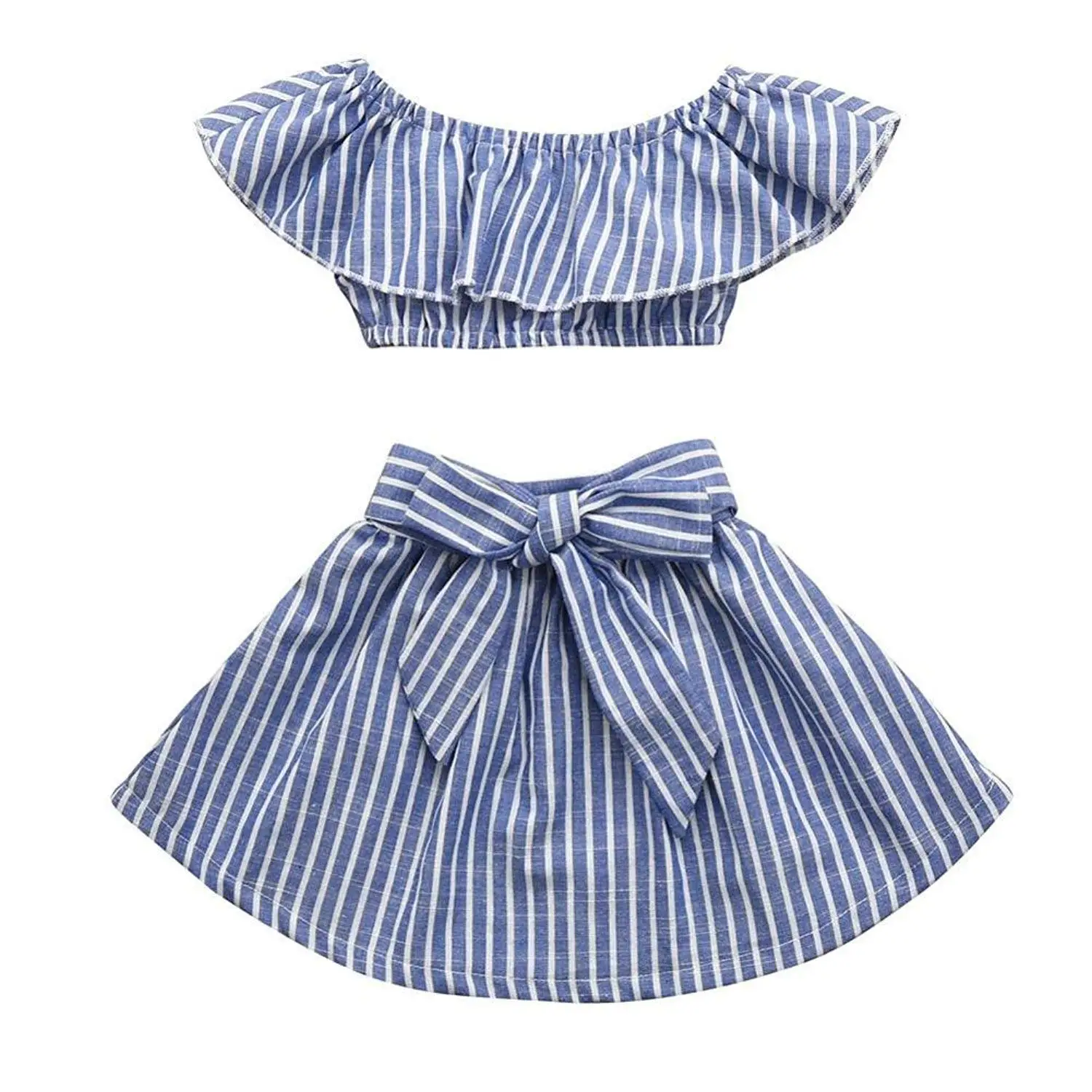 Oklady/Одежда для маленьких девочек, летние рубашки, топы с открытыми плечами, юбка с бантом, комплект одежды в полоску