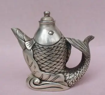 

Old China Bronze Carving Silvering Lotus Lifelike Fish Wine pot Teapot Statue