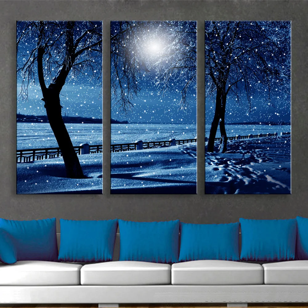 

Stretched Canvas Prints Snowy Night LED Flashing Optical Fiber Print LED Wall Art LED Decorations