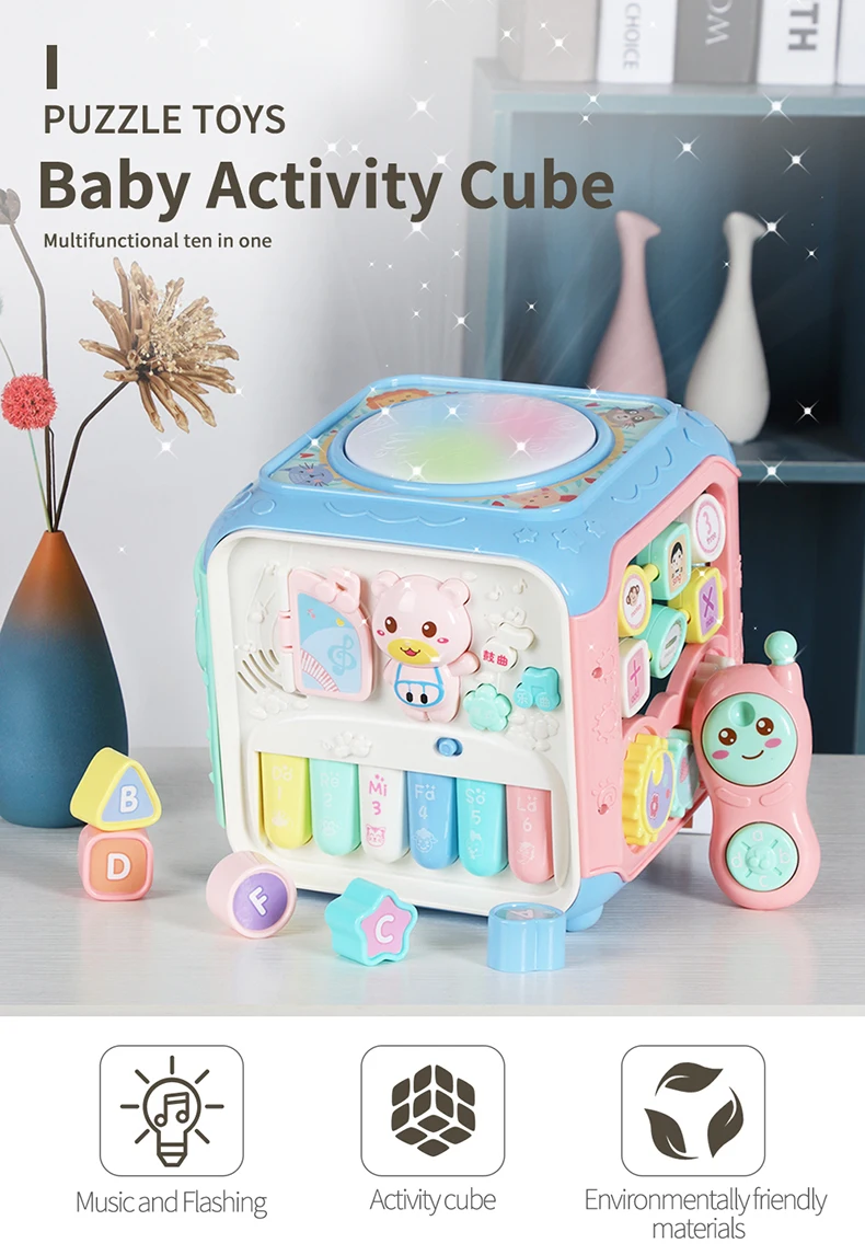 Cubo de Atividades Educativo para Bebês de 0-12-24 Musicais Brinquedo Meses Iluminação Sonora 1 Cheap Instrumento musical de brinquedo