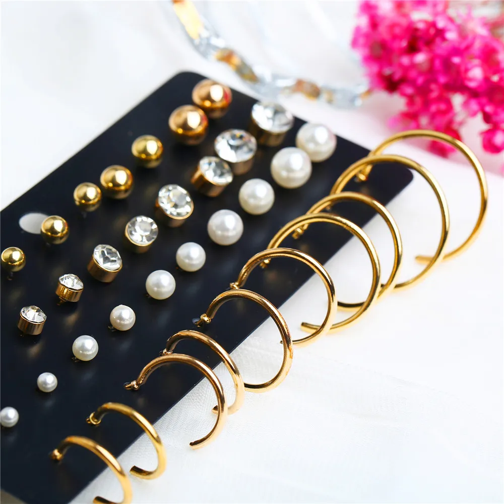 40 PCS/set Fashion Crystal Round Beads Stud Earrings Set For Women Man Gold Color Circle Earrings Unisex Daliy Jewelry 2019
