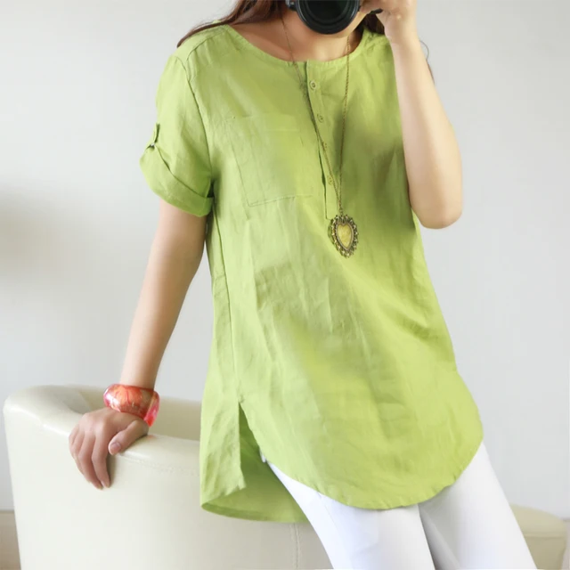 2017 Summer Cotton Linen Woman Blouse Short Sleeve Tops Female O Neck