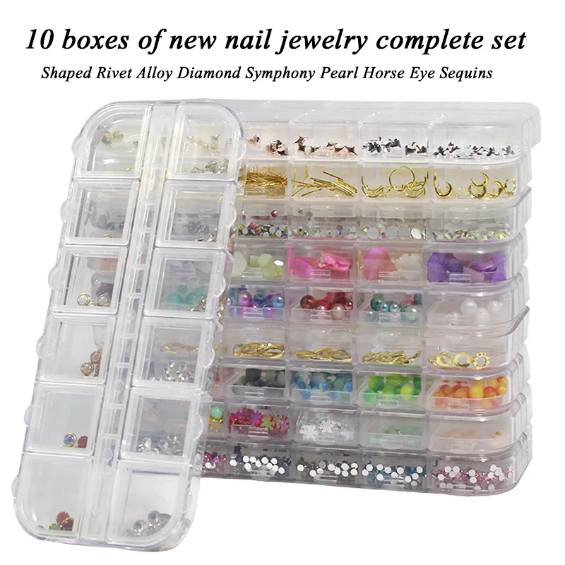 10 коробок, модный набор украшений для украшения ногтей, заклепки, сплав, дрель для ногтей, жемчуг, конский глаз, блестки, клей для ногтей, дрель