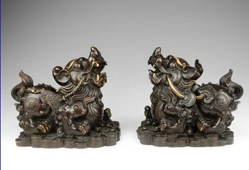 

China Bronze Copper Fengshui Wealth Money Brave troops kylin Unicorn Statue Pair