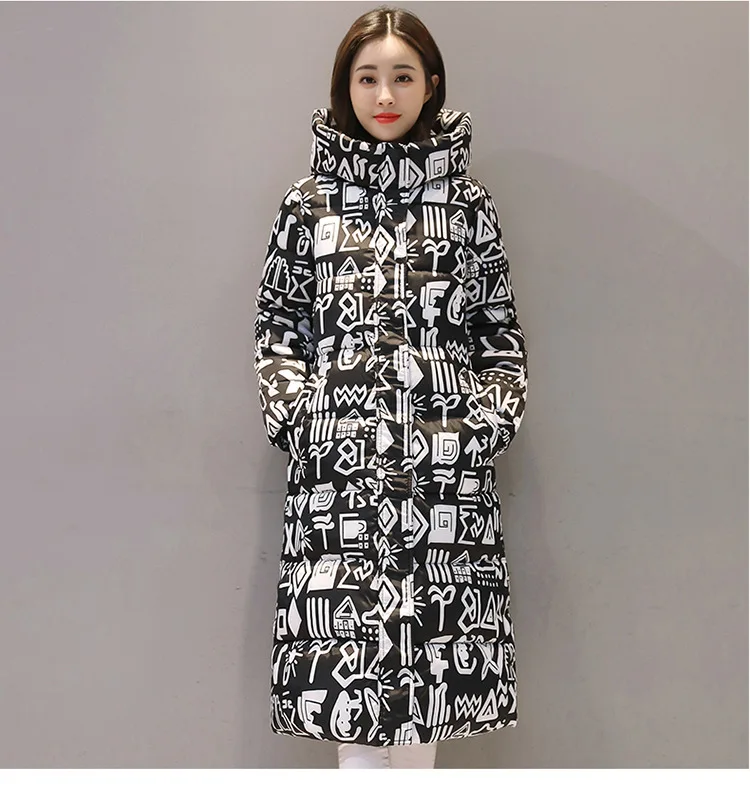 Куртка-пуховик с принтом, длинная парка, винтажная утепленная женская зимняя одежда на молнии, Женская парка с принтом X-long parka, пальто-пузырь Harajuku