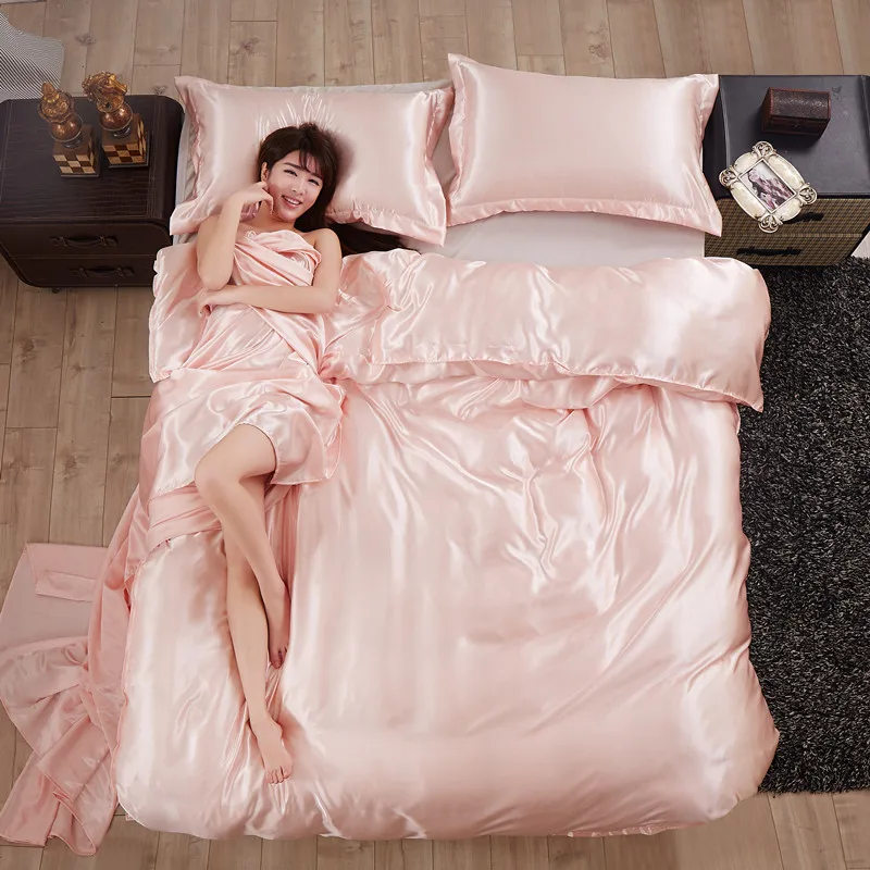 Китайский Шелковый комплект постельного белья с пододеяльником, простыней, наволочки для подушек, роскошное атласное постельное белье, постельное белье King, queen, двойной размер