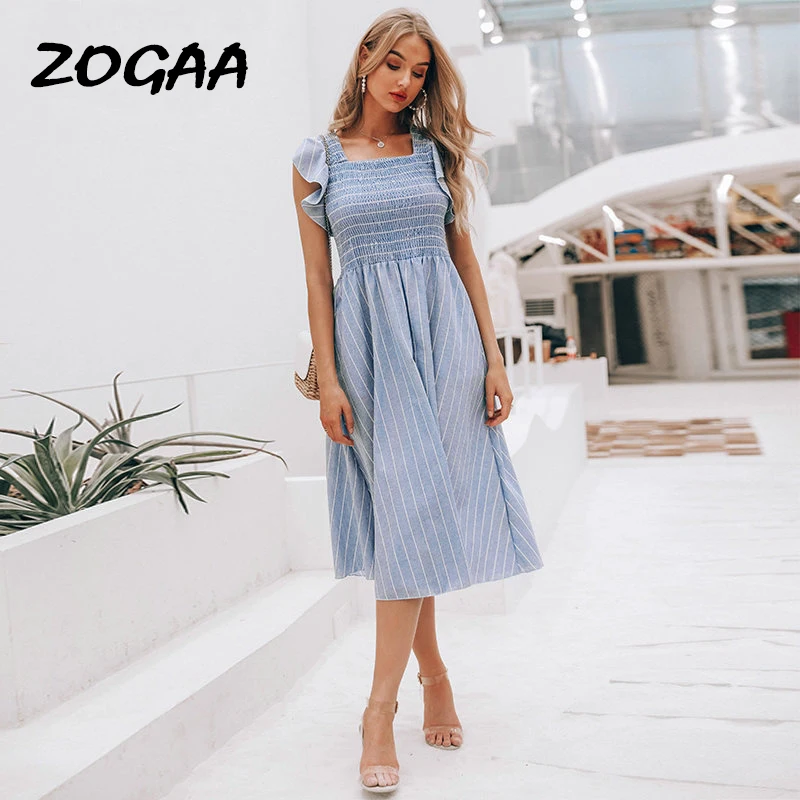 

ZOGAA Vintage Striped Women Long Dress RuffleS Linen Blue Elegant Summer Dress 2019 Casual Cotton Fashion Female Beach Vestidos
