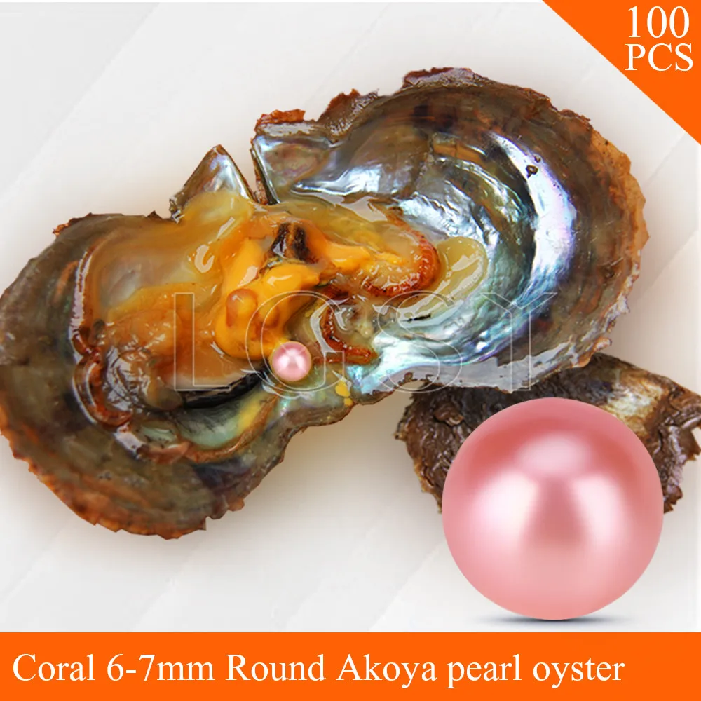 

Bead 100pcs 6-7mm Coral color round akoya pearl in oysters with vacuum package
