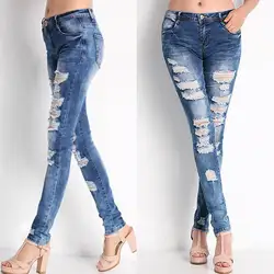 2018 Горячие моды дамы хлопок джинсовые штаны стрейч женщин отбеливатель рваные обтягивающие джинсы для женщин