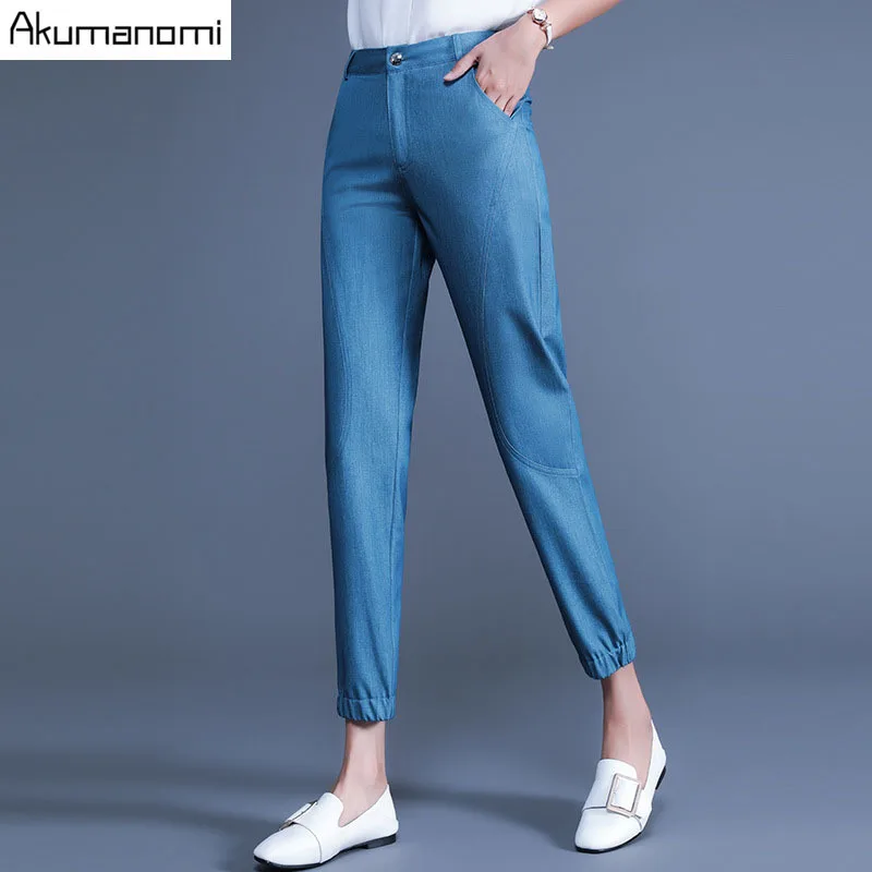 Summer Solid Blue Pencil Ankle Length Pants Women's Clothes Trousers
