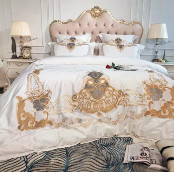 

White European Style Luxury Golden Royal Embroidery 80S Egyptian Cotton Bedding Set Duvet Cover Bed Linen Bed sheet Pillowcases