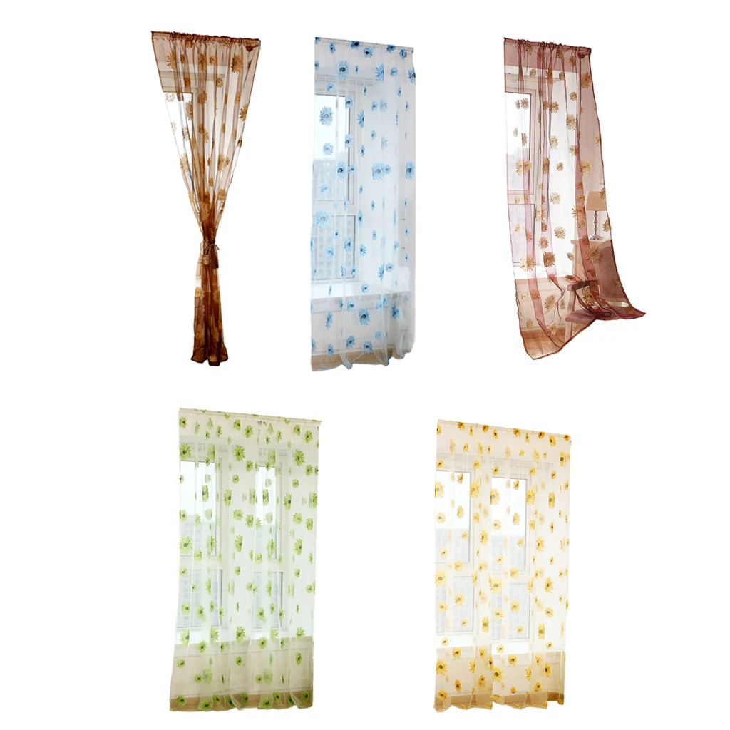Sunflower Sheer Voile Window Curtains Semi Tulle Drape Panel for Kitchen Bedroom Living Room(Slot Top Design, 2x1 Meter)