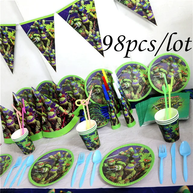 

98Pcs For 10People Tablewares Set Teenage Mutant Ninja Turtles Birthday Party Family Children Disposable Cups Plates Tissues