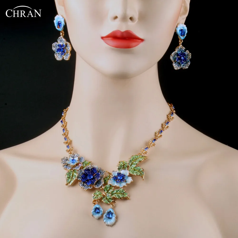 CHRAN Exquisite Enamel Flower Costume Wedding Jewelry Set Classic Gold